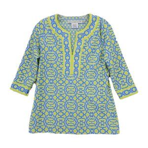 GRETCHEN SCOTT 3/4 Sleeve Top Geometric Colorful Lime Green Blue Stretch MEDIUM